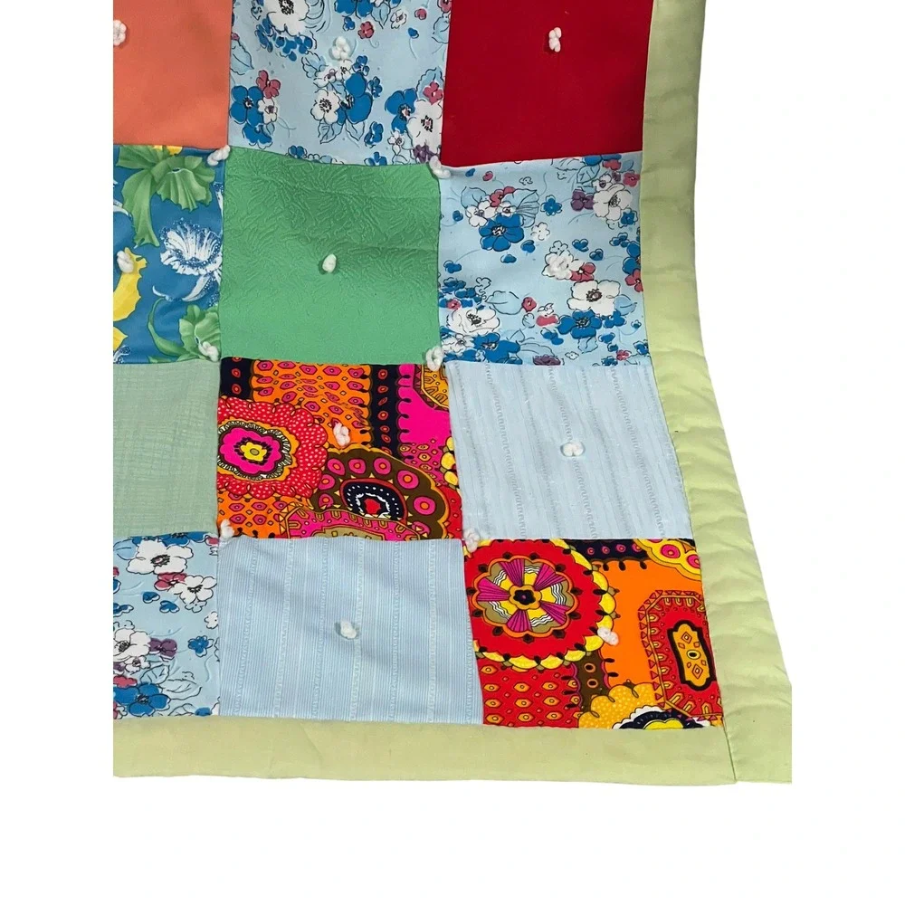 Vintage Twin Patchwork Quilt 84x64 Hand Tied Colorful Cottagecore Bedding